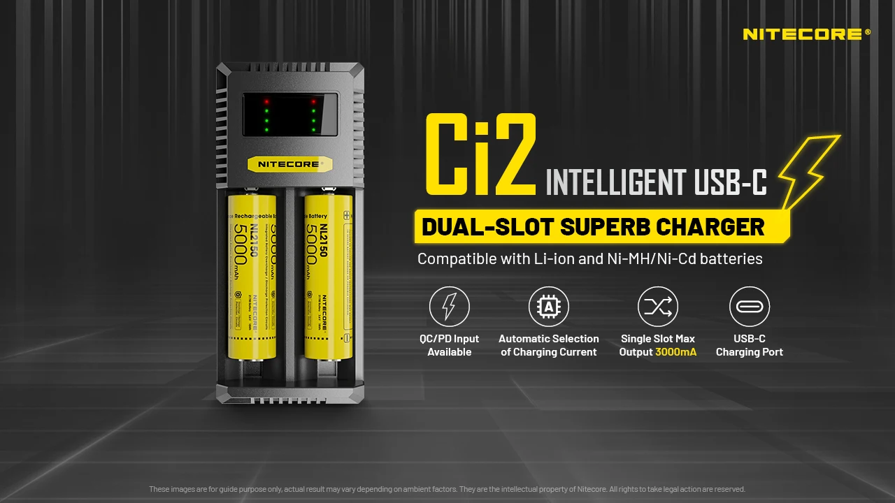 NITECORE 듀얼 슬롯 스마트 배터리 충전기, USB-C 충전 지능형 충전기, 충전식 배터리, Ci2 NL1836R