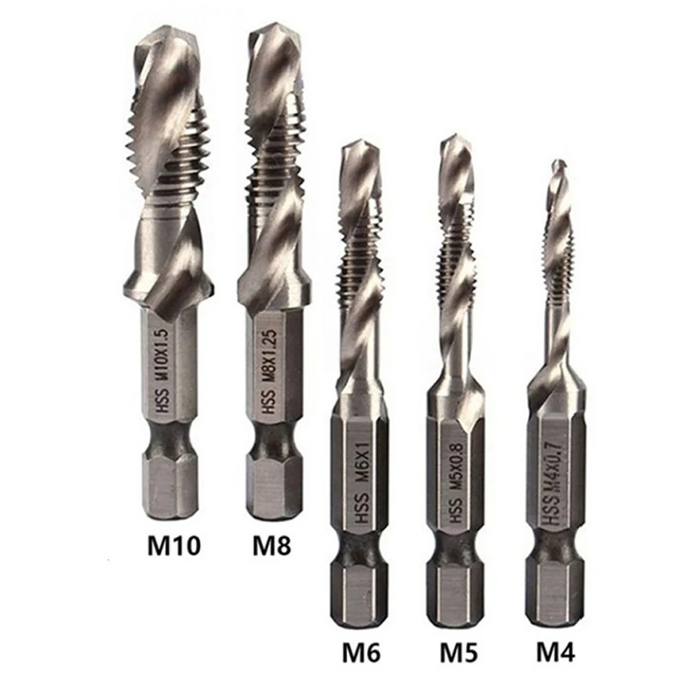 

5pcs Tap Drill Bit M4-M10 Hex Shank Thread Metric Tap HSS Machine Compound Tap For Tapping Chamfering Deburring