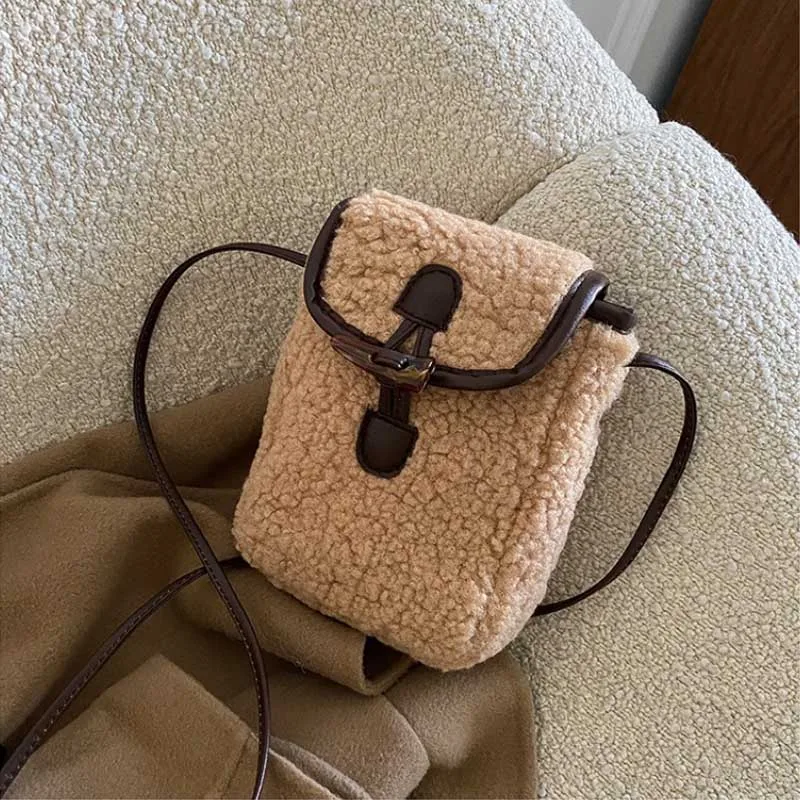 Fashion Winter Lambswool Phone Bag Sweet Lovely Portable Women Wallets Square Purse Faux Fur Plush Shoulder Bags Purses Handbags