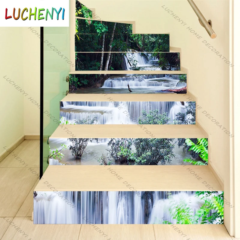 

6pcs 13pcs/Set Stair Floor Decal Self Adhesive DIY Custom Waterfall Forest View Stair Decal Mural