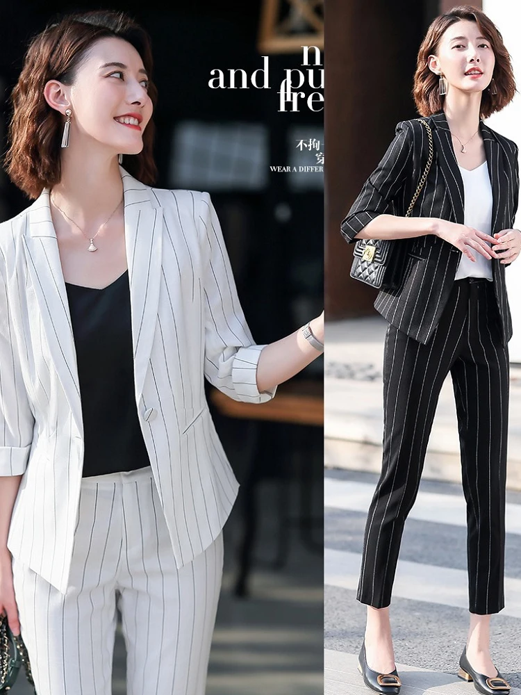Business Suits with Pant and Jacket Sets Work Wear Half Sleeve Office Ladies White Striped Blazer for Women