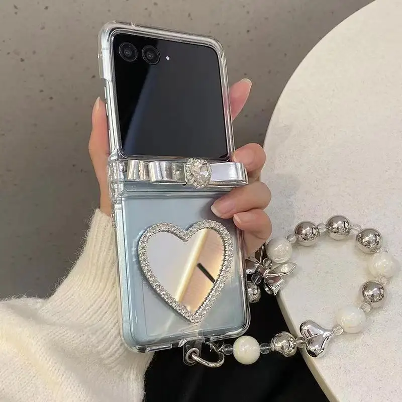 Custodia a catena con bracciale con perline placcate di lusso per Motorola Razr 40 50 Ultra Razr + 2024 2023 Custodia protettiva trasparente a specchio a cuore_voghion.com