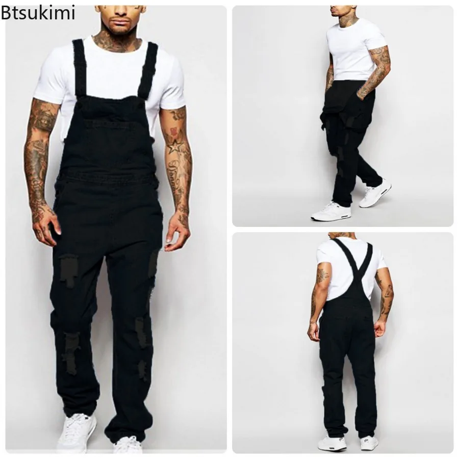 

2024 Men's Ripped Denim Overalls Fashion Full Length Suspender Pants Man Jeans High Street Jumpsuit Distressed Casual Trousers