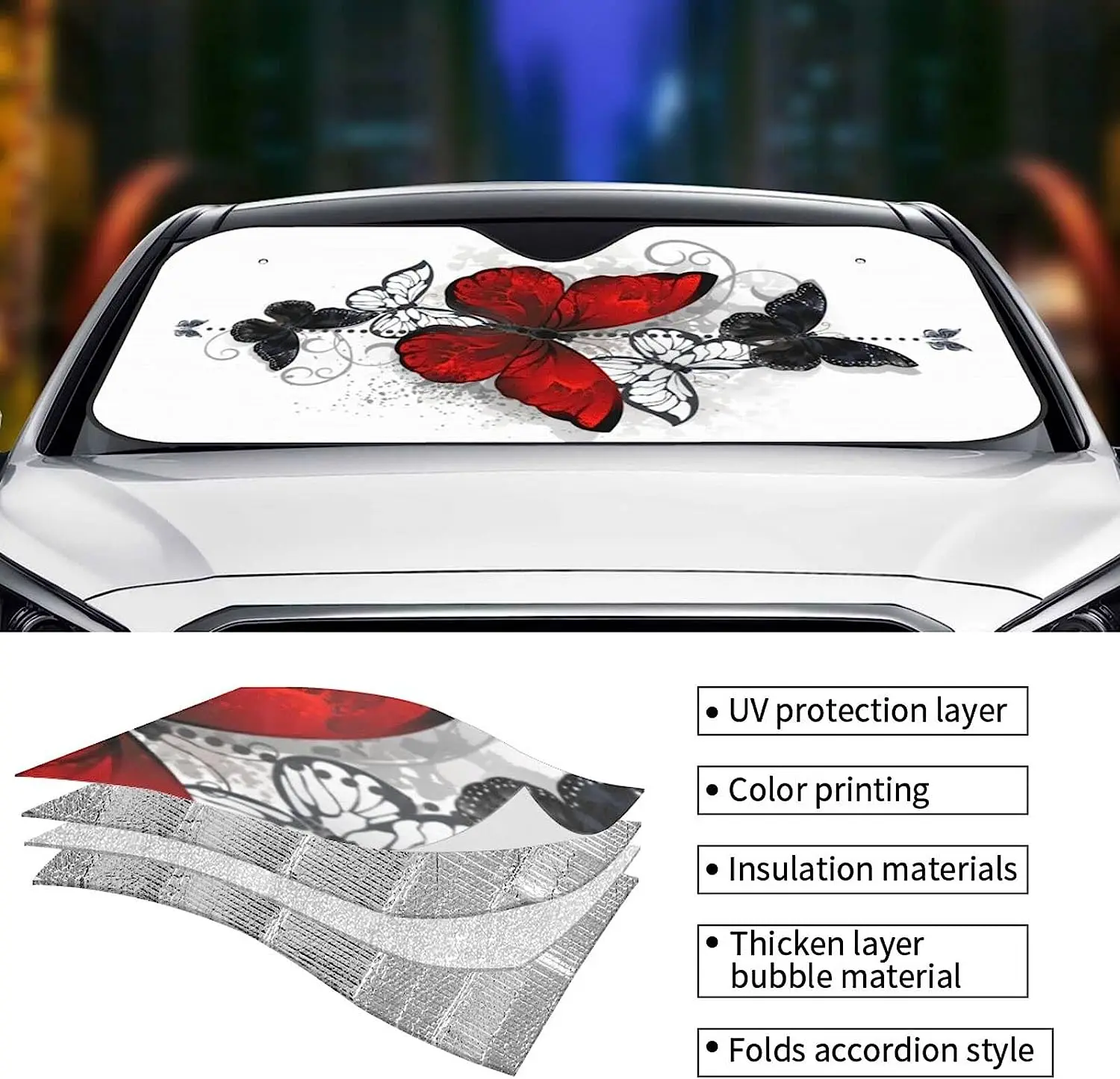 Red and Black Butterfly Windshield Sunshade for Car SFolding Car Sun Shade for Front Window Auto Sun Visor Heat Protection