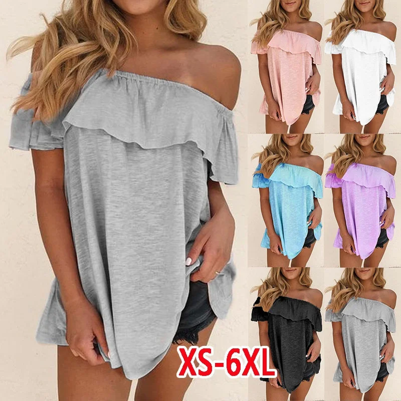 

Womens Fashion Summer Clothing XS-6XL Casual Short Sleeved Tops Sexy Off Shoulder Blouses Ladies Solid Color Loose T-shirts