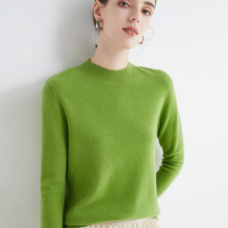 여성용 울 캐시미어 스웨터, 하프 키 넥, 퍼스트 라인 의류, 풀오버, 루즈 니트, 긴팔, 단색 상의, 용수철 가을 