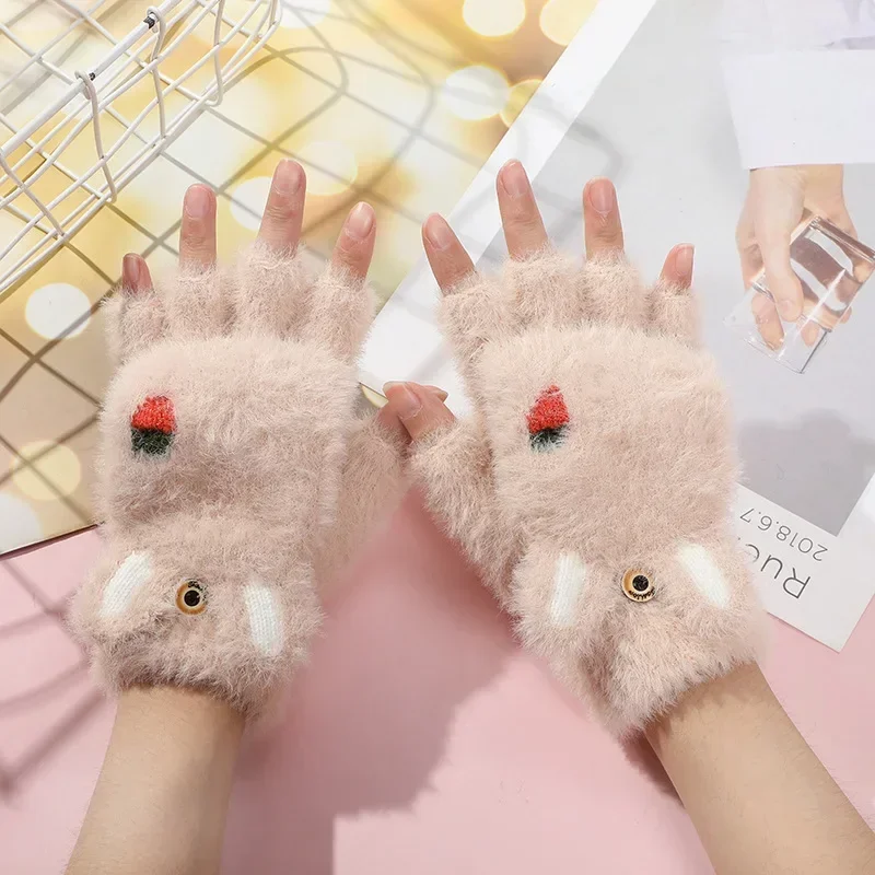 2-7Years Boy Girl Fur Wool Knit Kids Soft Half Finger Flip Gloves Children Winter Warm Cute Cartoon Rabbit Knit Mittens for Baby, winter gloves,baby mittens