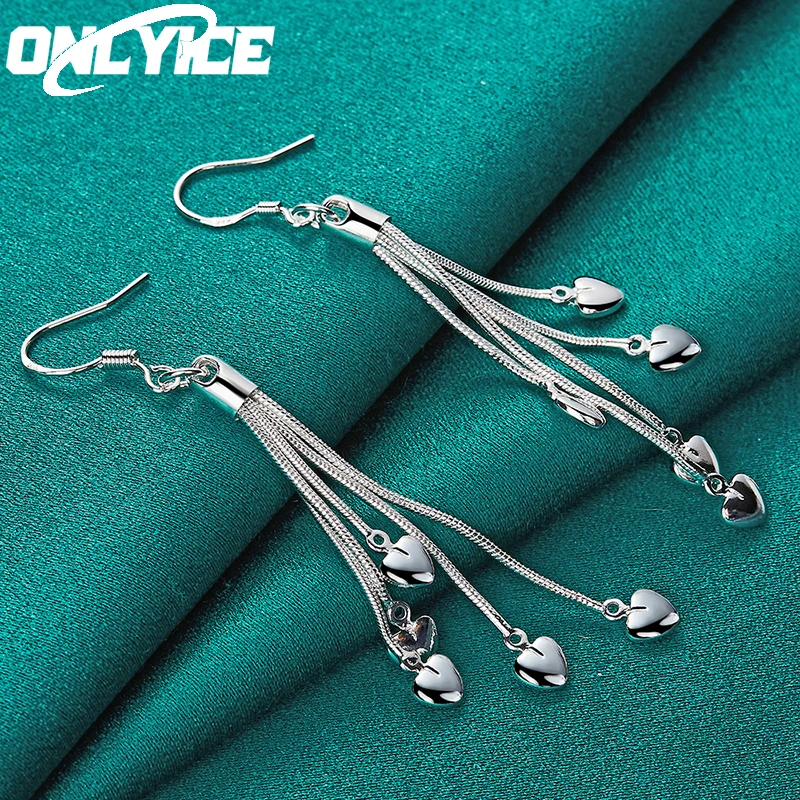 

New 925 Sterling Silver Five Heart Snake Chain Long Drop Earrings Women Wedding Fashion Party Charm Jewelry Christmas Gifts