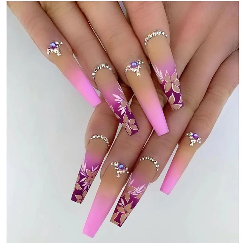 Gradiente Viola Indossabile Nail Art Linee Bianche Fiori Unghie Finte Strass Unghie Finte Staccabili Premere Sulle Unghie Con Colla