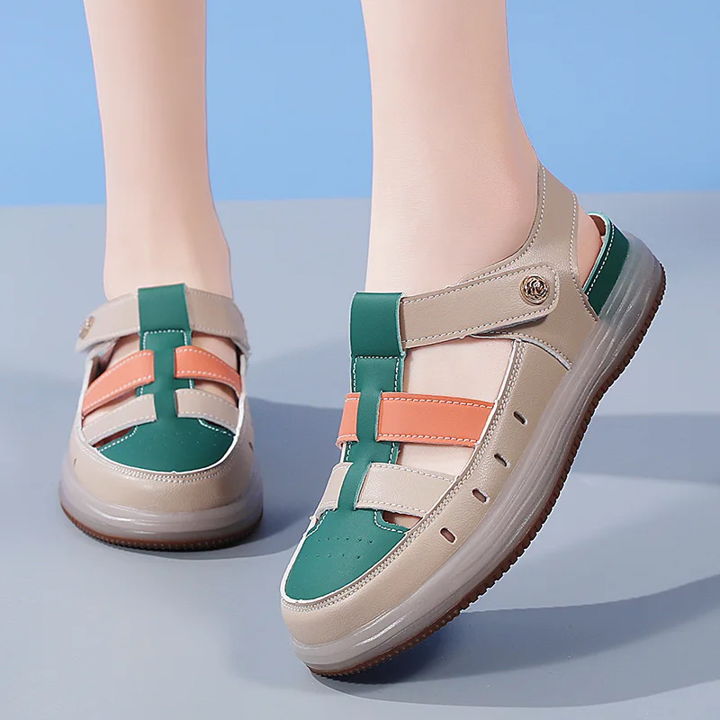 Women's Sandals Summer 2024 Beach Casual Colorful antiskid Soft Breathable Genuine leather Flat sandals Platform Women's Shoes