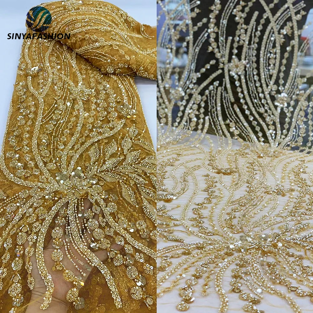 

Sinya Gorgeous Gold African Sequins Pearls Beaded Lace Fabric Luxury High Quality 5 Yards French Wedding Dress Lace For Dress