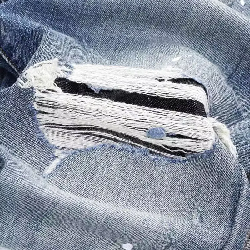 Streetwear Fashion Vintage Men Jeans Retro Blue Elastic Slim Fit Painted Ripped Jeans Men Printed Designer Hip Hop Denim Pants