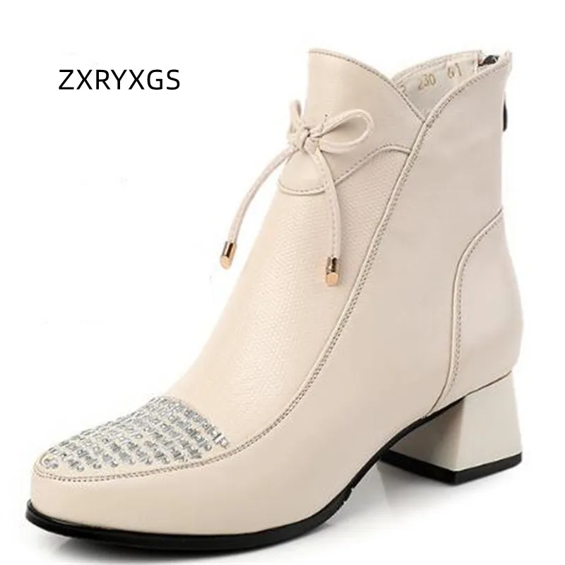 Zxryxgs High Quality Cowhide Rhinestone Boots Fashion Shoes 2022 Large