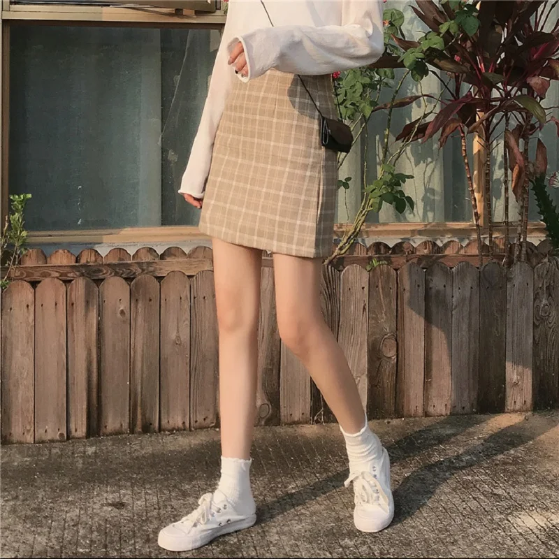 Women High Waist Casual Winter Ulzzang Sweet Chic Large Size A-Line Short Skirts Autumn Plaid Female College Harajuku Skirt Ins