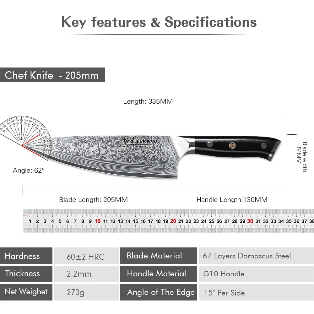 TURWHO 8 Inch Professional Chef's Knives Japanese 67 Layer Damascus Steel VG10 Core Super Sharp Meat and Fruit Kitchen Knife