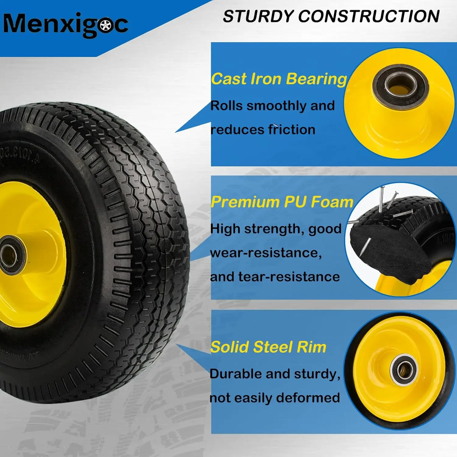 4.10/3.50-4" Flat Free Tire and Wheel, 10" Solid Tire with 5/8" Axle Bore Hole with 3/4" & 1/2" Extra Bearings, 2.2" Offset Hub 4