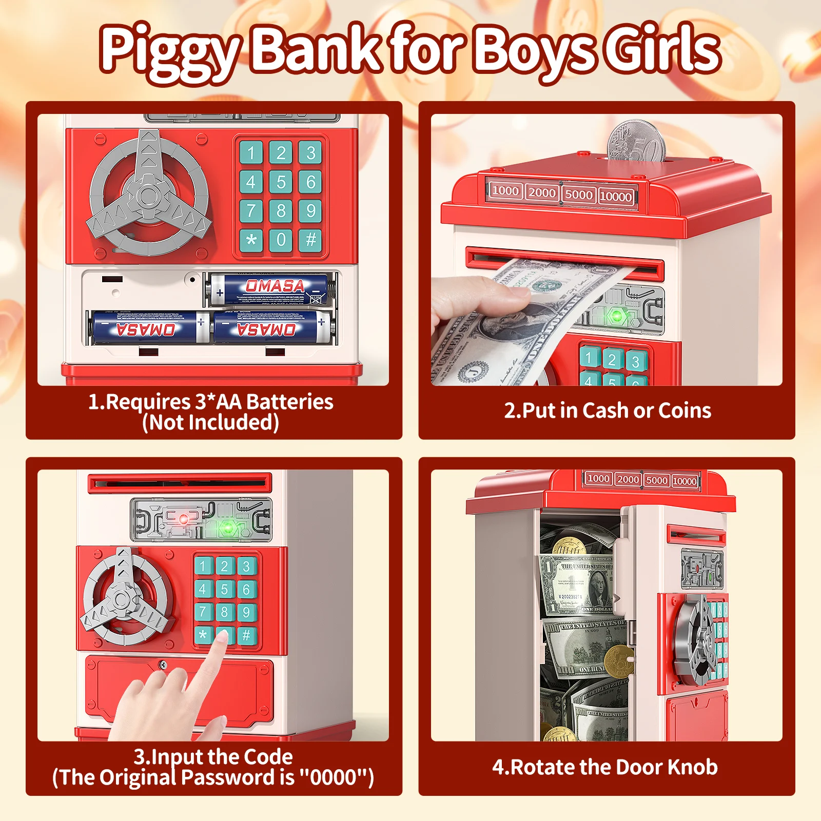 TEMI Toy Saving Bank. Electronic, Password-Protected. Auto-Scroll For Paper Money. Ldeal Gift For Kids 3+ (Red). 4