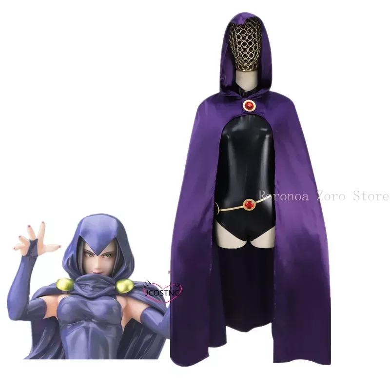 

New Teen Titans Super Hero Raven Cosplay Costume Women Black Bodysuit Purple Hooded Cloak Jumpsuits Halloween Party Costume