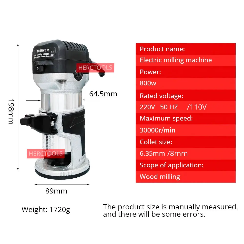 800W Wood Router Kit Compact Electric Trimmer Tool Plunge and Fixed Base 6.35 & 8 mm Collets Woodworking Slotting Trimming
