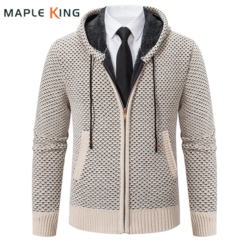 

Vintage Hooded Cardigan Luxury Mens Jacquard Sweater Korean Elegant Zipper Warm Fleece Thick Knitted Sweaters Men Jersey Jackets