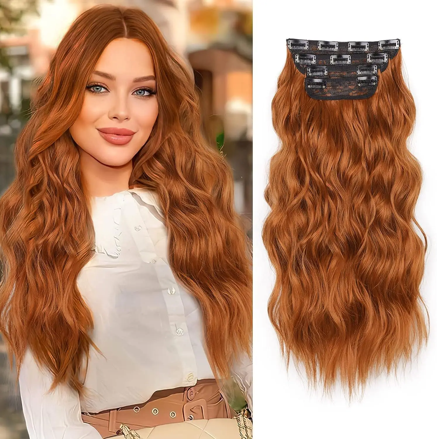 4Sets 11 Clips In Long Wavy Synthetic Hair Extension 20Inch Black 4Pcs 180g Thick Hairpieces Fiber Double Weft Hair for Women