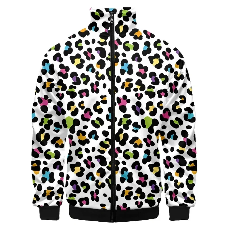 Chaqueta con cremallera y estampado de leopardo para hombre, moda 3D, manga larga, informal, holgada, estilo Harajuku, con solapa, abrigo de calle
