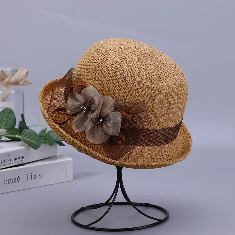 1 Stück Version Sommer Neue Frauen Strick atmungsaktive Blume Fischer Hut Outdoor Sonnenschirm Sonnenschutz Curly Edge Kurz-Rand Hut – Detail 1