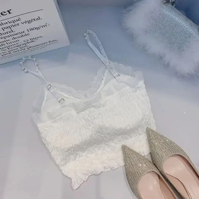 Sommer Frauen Spitze Unterwäsche Schwarz Weiß Crop Top Perle Bogen Stickerei Pailletten Leibchen Sexy Dessous Y2k Tops Schmetterling Top Tank – Detail 6