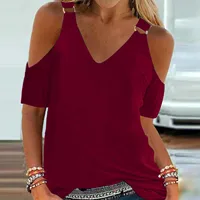 Short Sleeves Summer T-shirt Women Solid Metal Style Cold Shoulder Sexy V Neck Casual Slim Shirts Elegant Ladies Fashion Blouses - Image 2