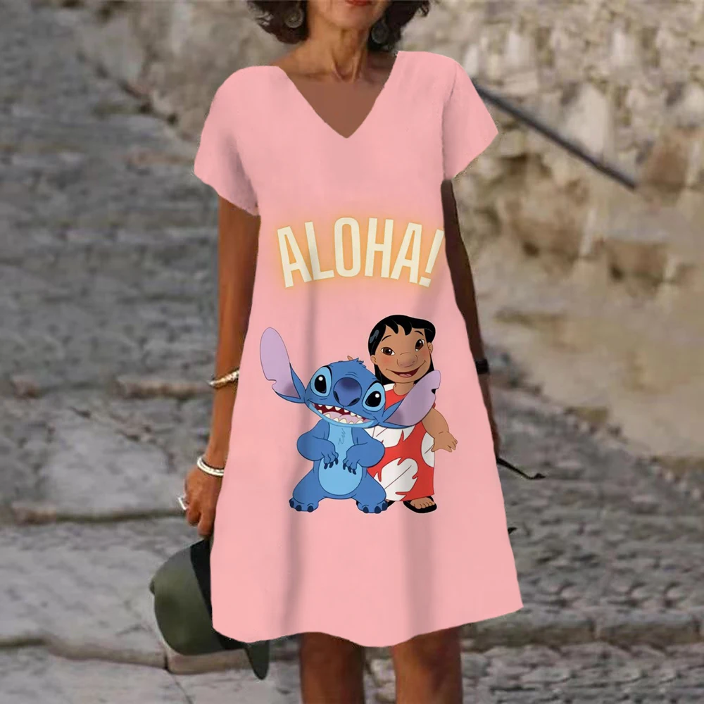 

Fashion Smmer Elegant Women's Disney's Lilo & Stitch ​Print V Neck Short Sleeve Bohemian Dress Loose Casual Beach Party Dress