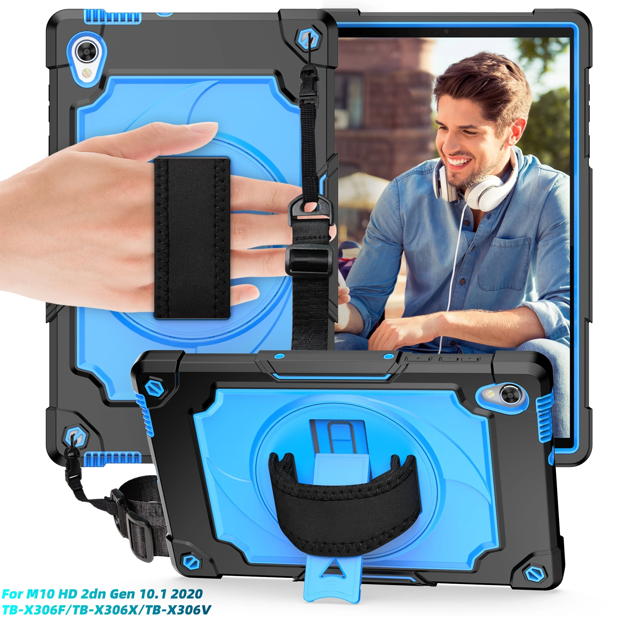 Heavy Duty Shockproof Tablet Case with 360° Rotatable Kickstand, Hand Strap, and Shoulder Strap