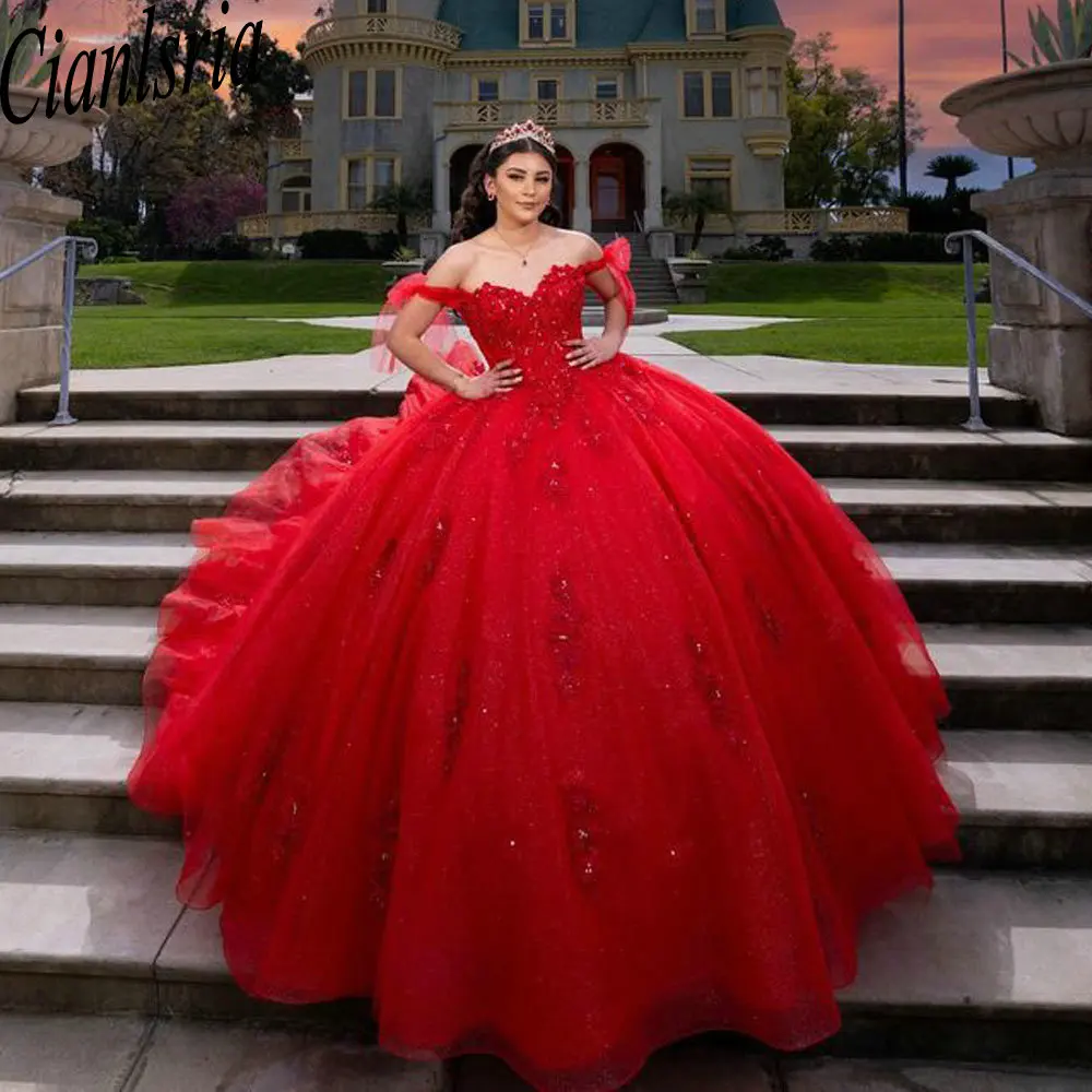 

Red Glitter Crystal 3D Flowers Ball Gown Quinceanera Dresses Off The Shoulder Beading Appliques Lace Sweet 15 Birthday
