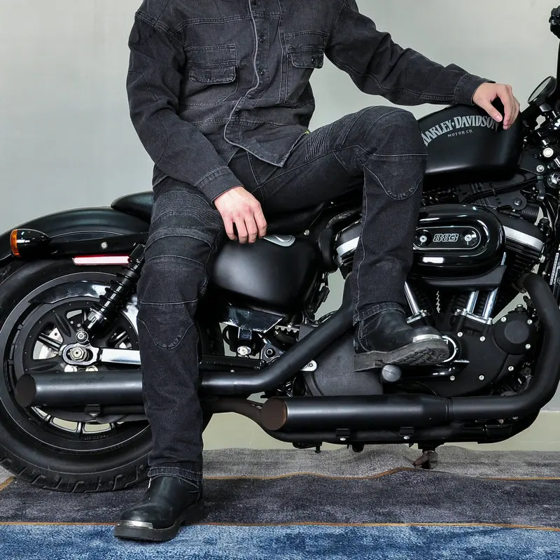 롱 바이커 유니섹스 빈티지 오토바이 청바지 (보호 장비 포함), 신축성 있는 낙상 방지 캐주얼 바이커 라이딩 팬츠