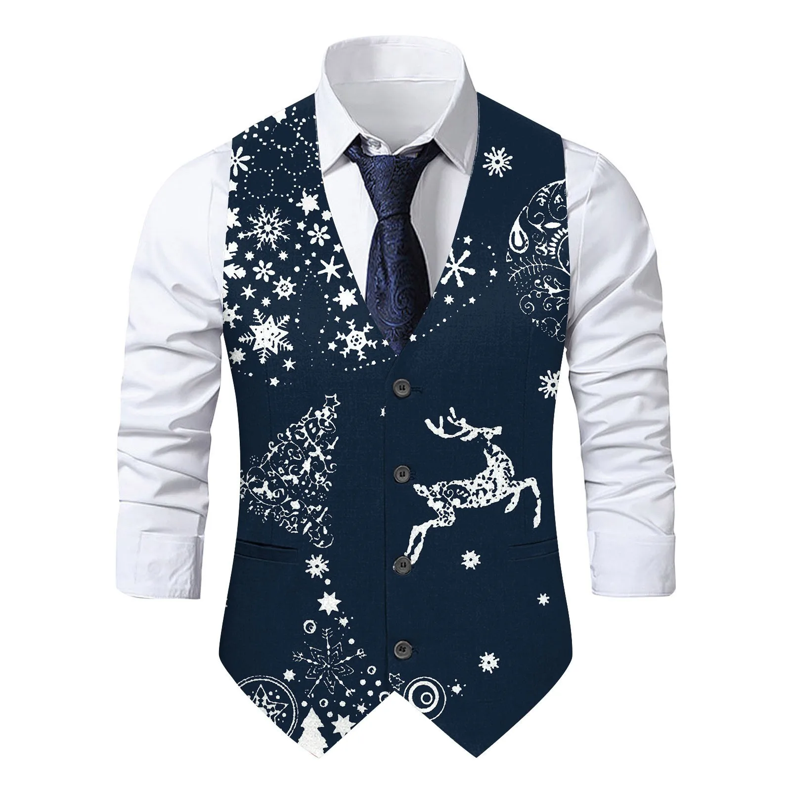 Christmas Theme Printed Men Suit Vest Single Breasted Sleeveless V Neck Blazer Slim Fit Party Waistcoat