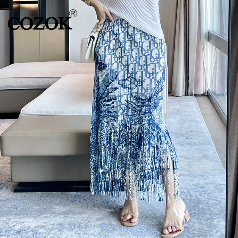 

COZOK Elegant Women Fashion Skirt Pleated 2024 Spring New Printed Slim Tassel Design Casual Knee-Length Skirt Female WT746