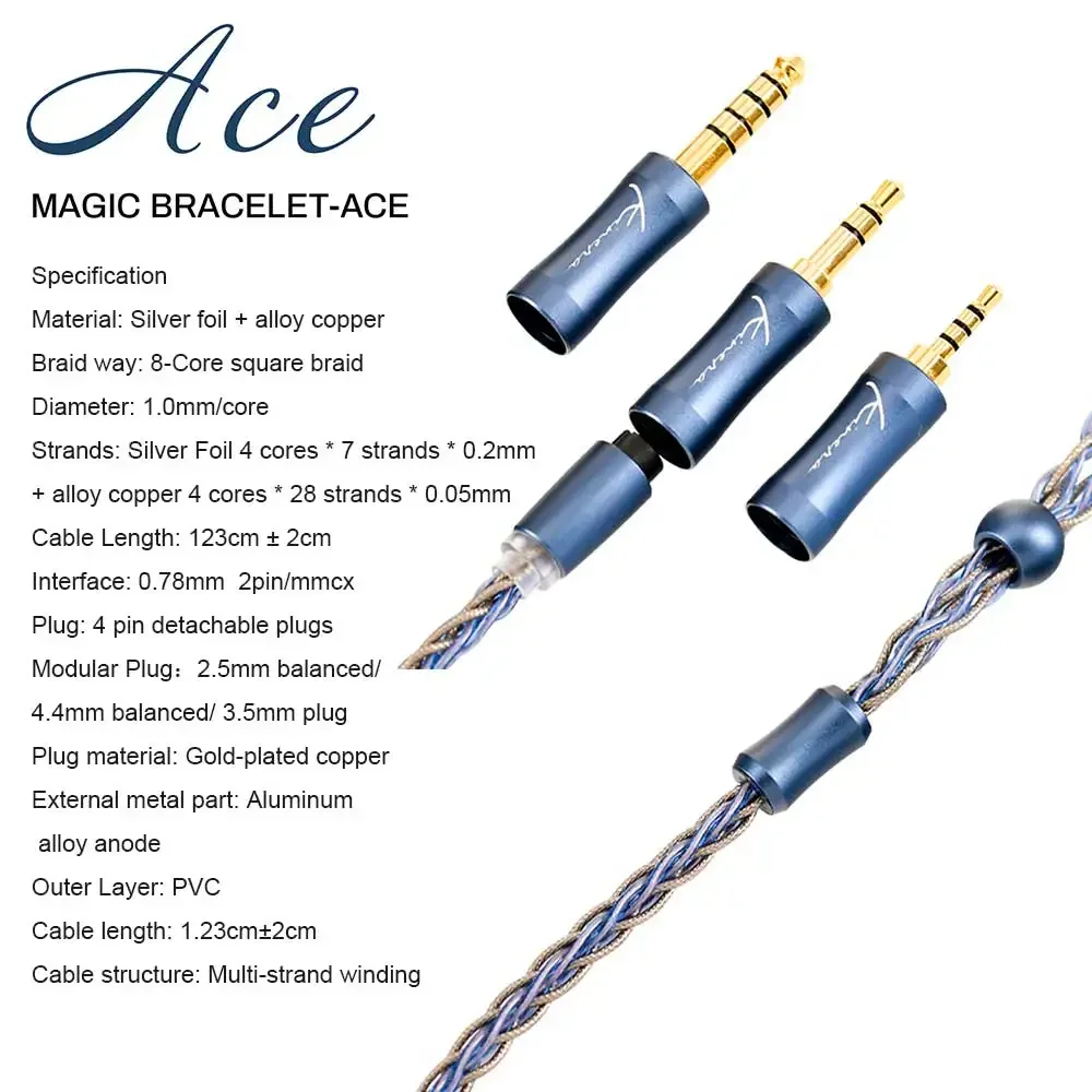 

Kinera Ace 2.0 HIFI Earphone Modular Upgrade MMCX IEMs Cable 0.78 2pin/MMCX Connector 2.5+3.5+4.4mm Balanced Detachable Plug