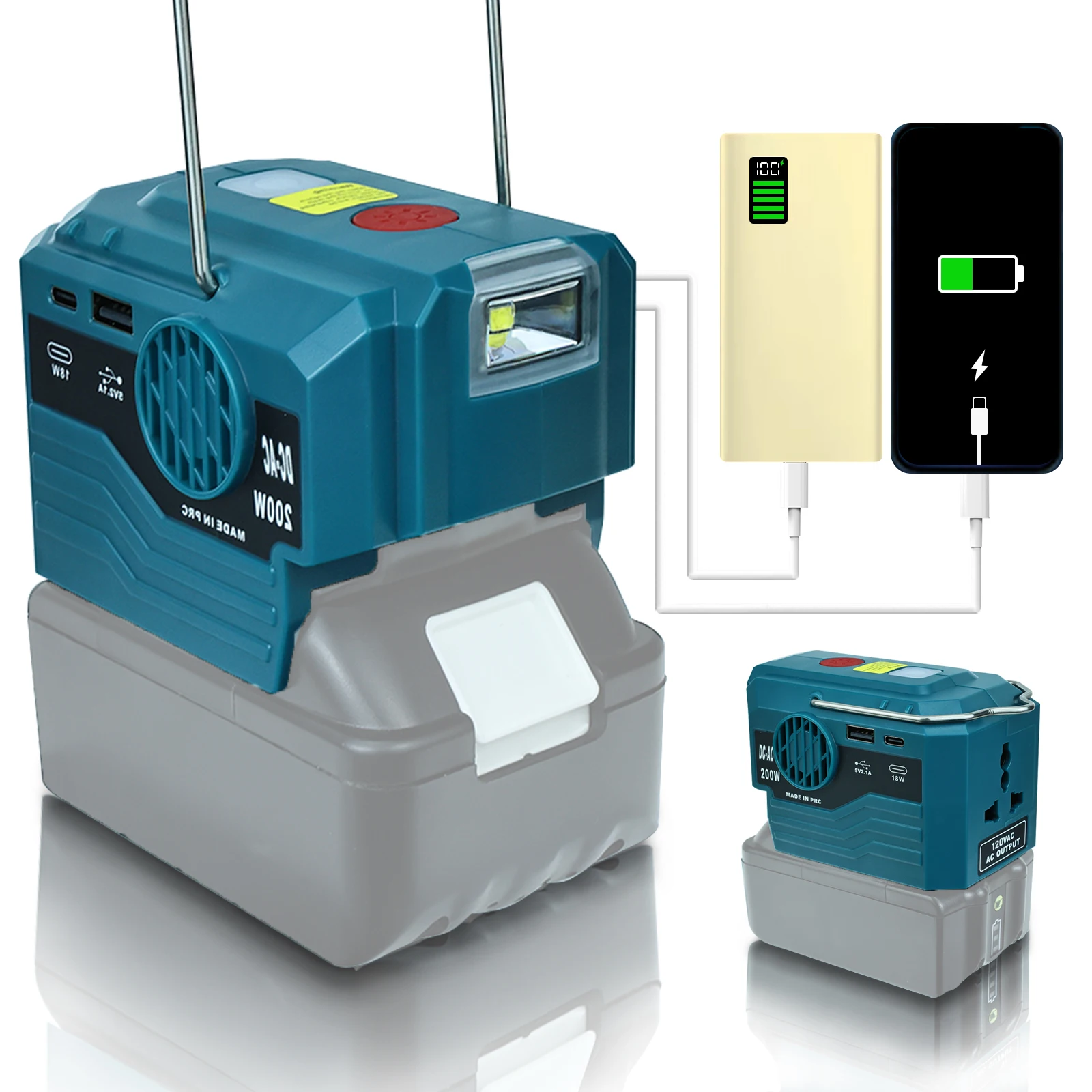 

200W Portable Power Inverter 120V/220V Outdoor Mobile Lithium Battery Inverter with LED Light for Makita 18V 20V Li-ion Battery