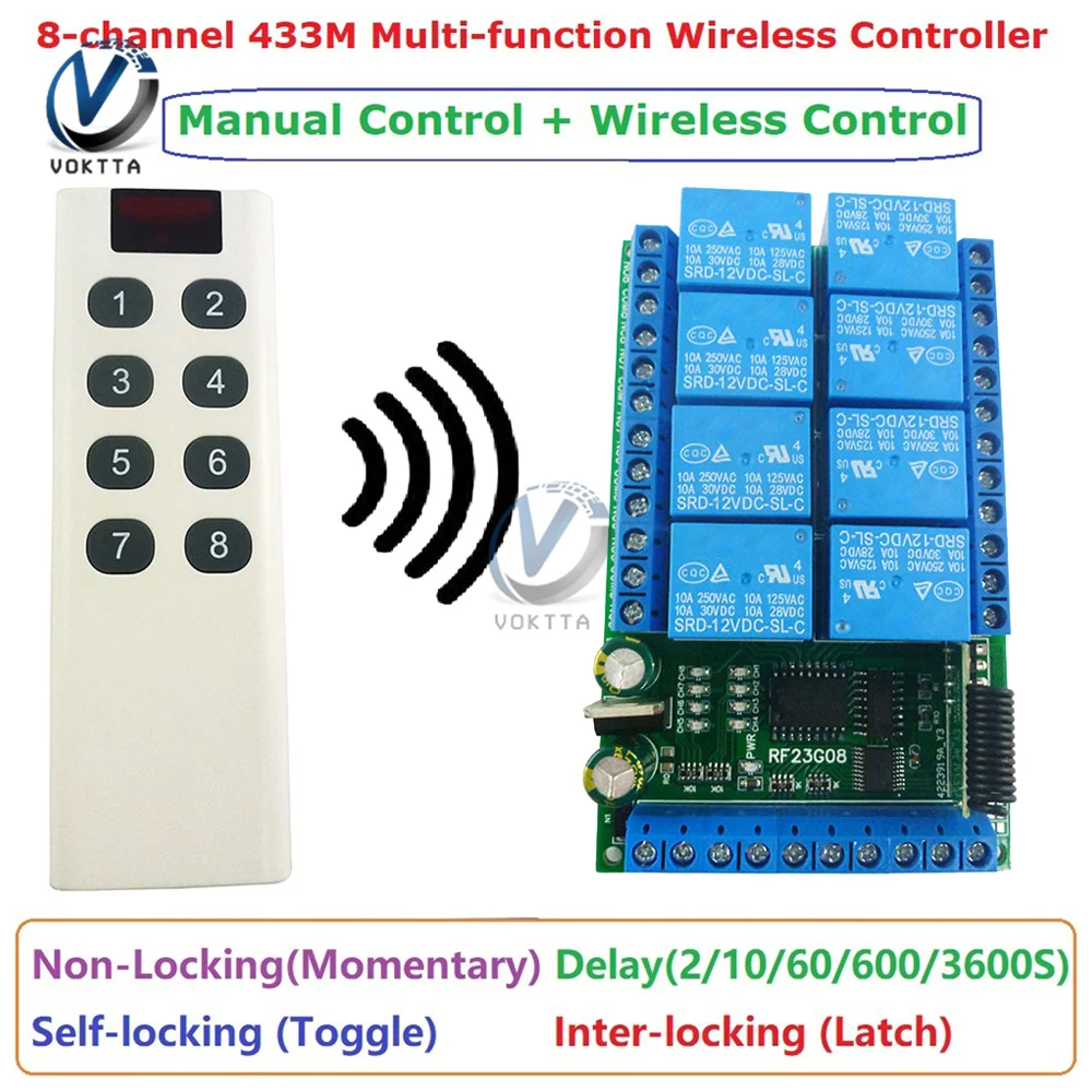 

DC 5V 12V 24V 8 Channel Relay Module 433.92M EV1527 Learning Code OOK ASK RC Multifunction EV1527 Wireless Controller Module