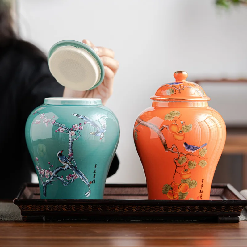 금도금 파란색과 흰색 도자기 차 캔, 앤티크 밀폐 캔디 커피 항아리, 거실 장식품, 꽃 새 일반 항아리 공예