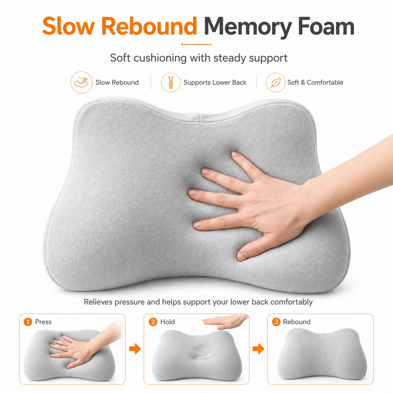 Ergonomic Memory Foam Back Support Cushion - Washable, Slow Rebound Pillow in Gray/Pink for Enhanced Comfort