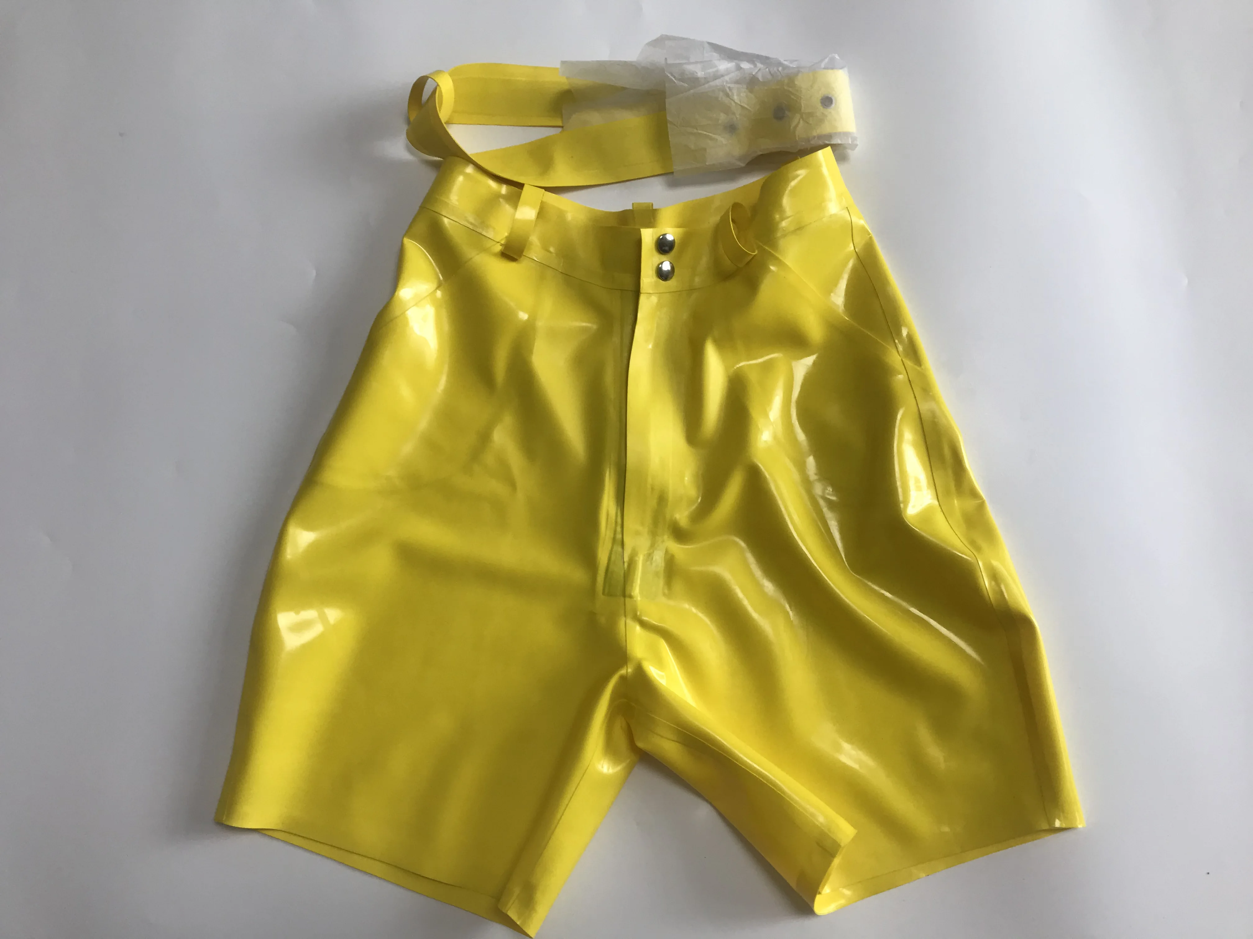 Sexy Yellow High Waist Latex Shorts Pants Belt Pocket with Front Zip and Press Stud