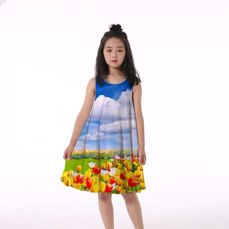 2022 Exclusive Girlymax Summer Baby Girls Kids Clothing 3D Print Twirl Dress Knee Length Sleeveless Blue Flower Dress 4-14T satin dress