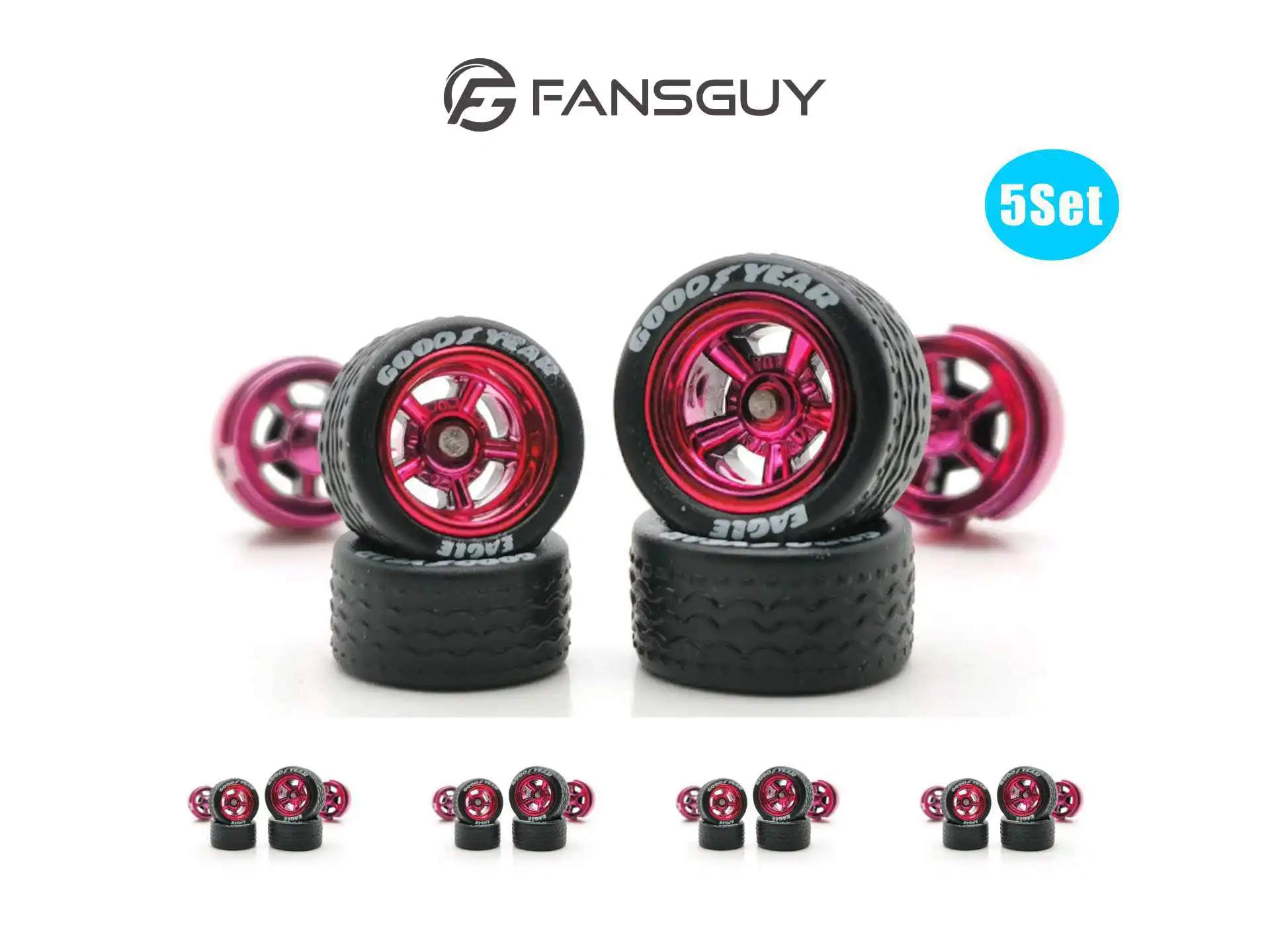 FANSGUY 5Set 1/64 Adult Car Model Wheel Parts Staggered Front Small Rear Large Wheel Pink BSC-P Series 10.8mm+12.8mm