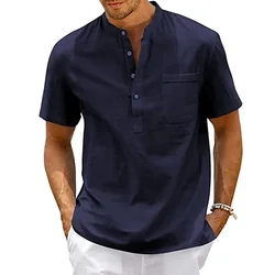 Men's Casual Vintage Henley Neck Cotton Linen Shirt with Pocket - US S 50 - 60 KG (Navy Blue)