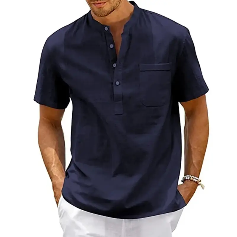 Cotton Linen Shirt Men Henley Neck Pocket Casual Beach Short Sleeve Solid Color Male Tops T-shirts Vintage Streetwear - Image 7