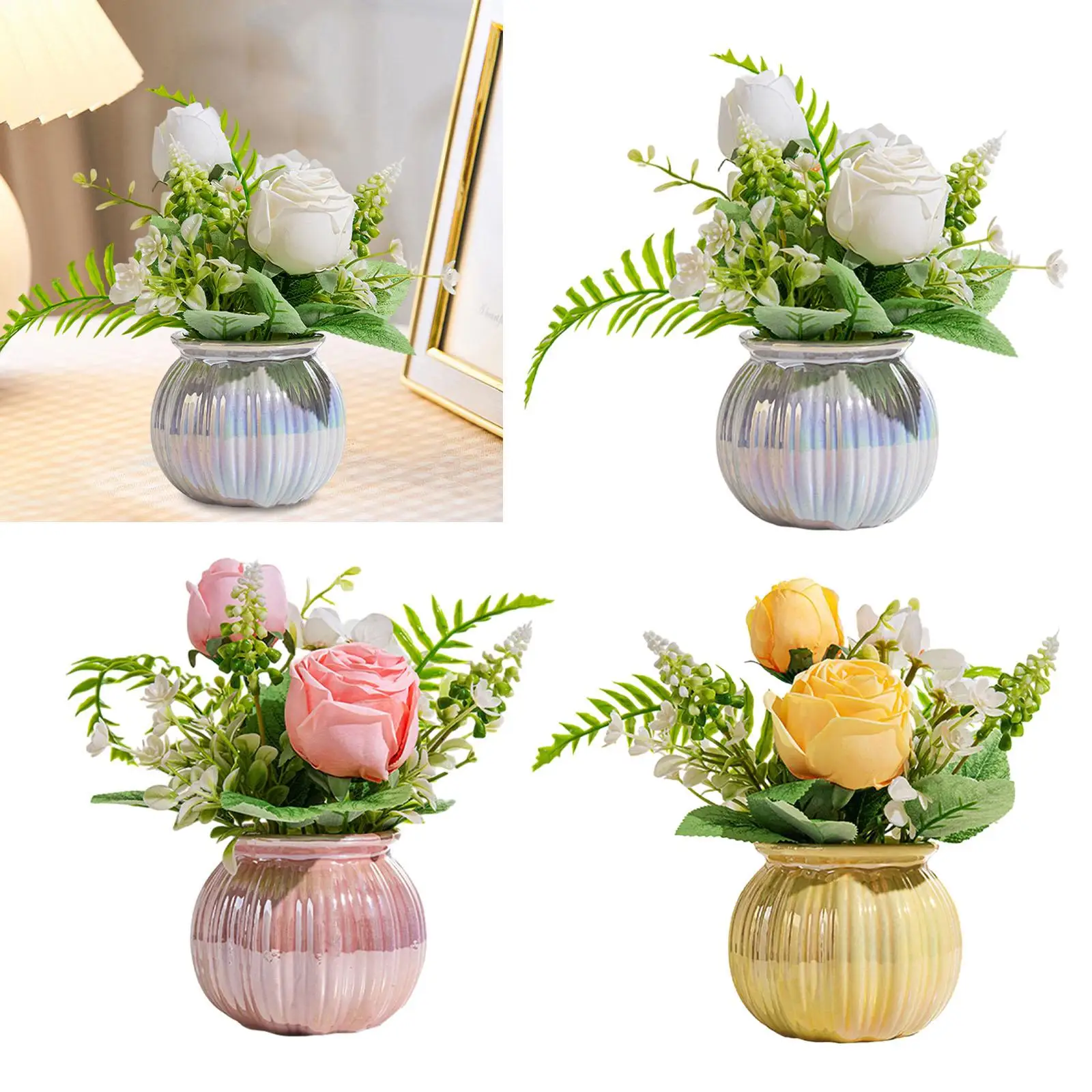 Silk Rose Bouquet Decoration Ceramic Pot Table Centerpiece for Entrance Hall