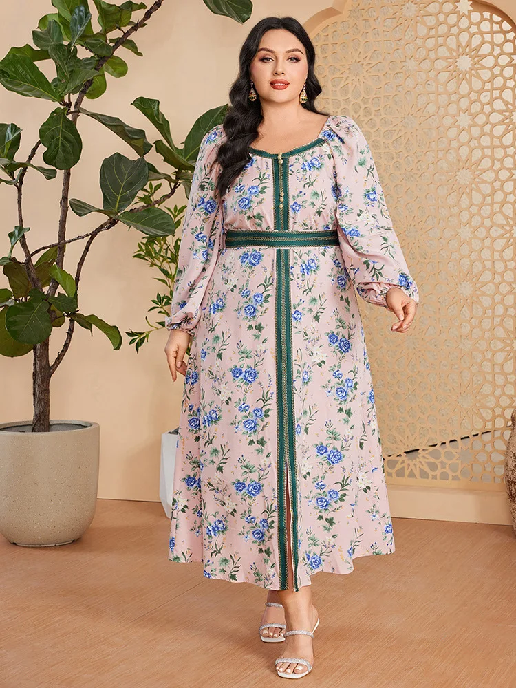 

Elegant Floral Print Abayas for Women Plus Size Puff Sleeve Party Dress Holiday Sundress Kaftan Marocain Robe Dubai Turkey Abaya