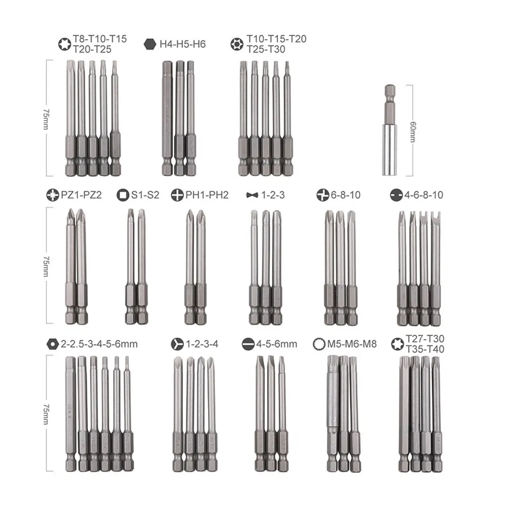 50pcs Extra Long Reach Bit Set 75mm Security Screwdriver Bits Torx Star Hex Philips Square Spanner Bit 3