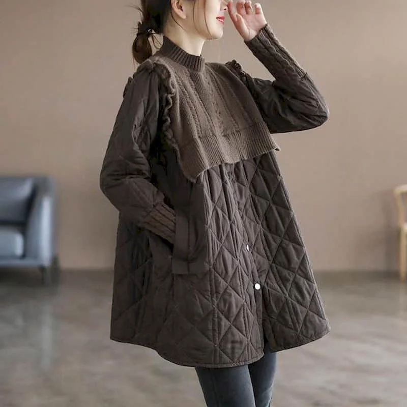 thumbnail image 1 of Chaquetas para mujer, estilo coreano, holgadas, de punto liso, con parches, cárdigans rómbicos, abrigos de manga larga con botones, ropa vintage para mujer, 1 of 5