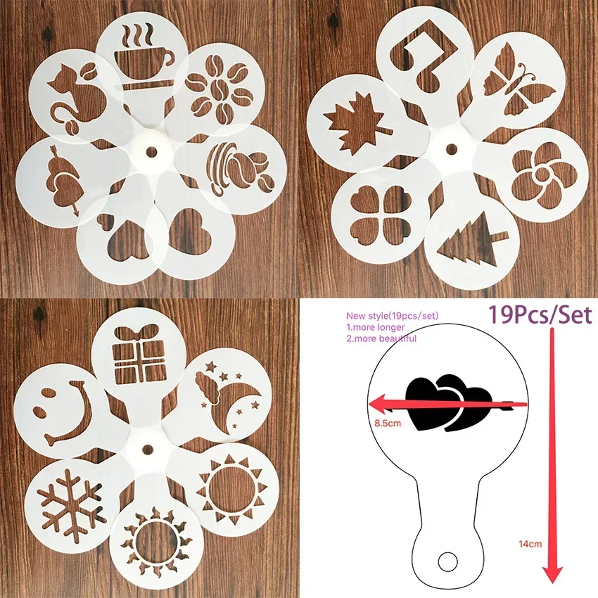 Coffee Shaker Stainless Steel Chocolate Shaker Cocoa Flour Coffee Sifter 19Pcs Coffee Stencils Template Strew Pad Duster Spray Set